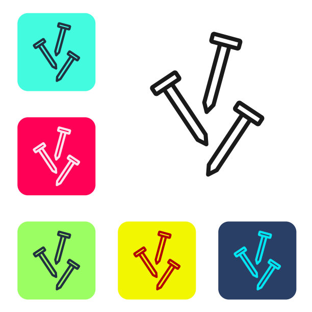 黑色线金属钉图标隔离在白色背景。在彩色方形按钮中设置图标。向量图片下载