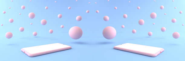 最小抽象场景的3D渲染与智能手机白屏和周围的圆形物体。智能手机可用于广告，隔离在蓝色背景。显示产品,说明。图片下载