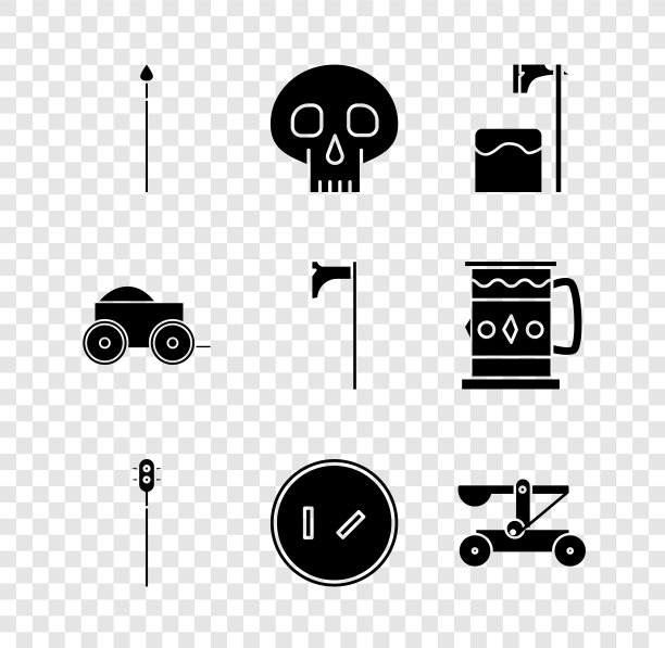 设置中世纪矛，头骨，刽子手斧头在树方块，链狼牙棒球，圆形木盾，投石机射击石头，木制四轮马车和图标。向量图片下载