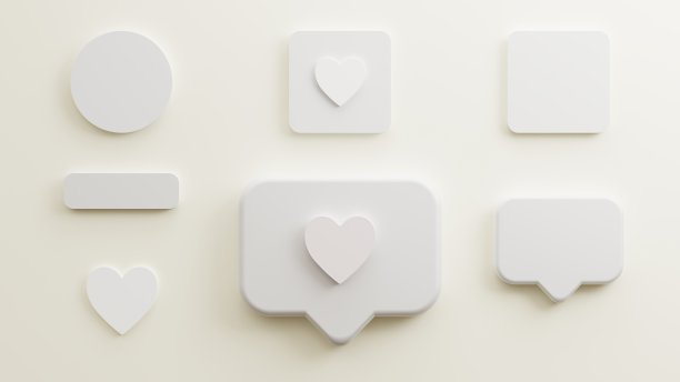模拟白纸爱，名片或海报，按钮和圆圈设计简约孤立在白色背景上。3 d演示呈现图片下载