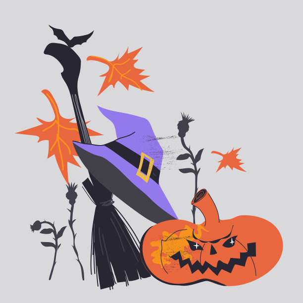 有女巫帽和南瓜的万圣节卡片图片下载