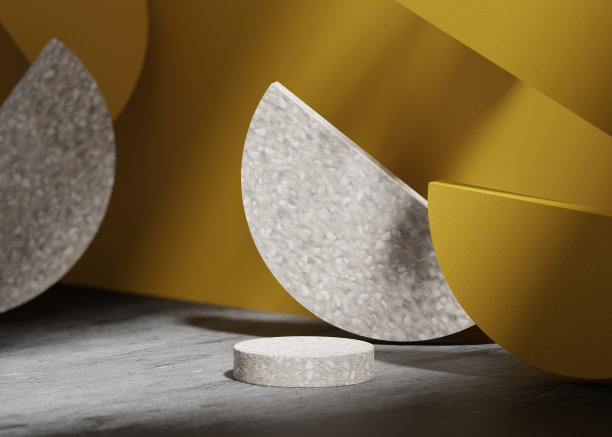 三维背景，石基座基座基座上自然叶影，黄色背景。产品推广美容化妆品水磨石展示。Studio Minimal空混凝土展示架3D渲染广告。图片下载