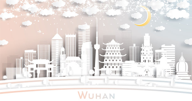 中国武汉城市天际线以剪纸风格搭配图片下载