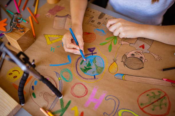 在她的视频通话中，她正在为她未来的学生准备新学年的开始，老师正在为教室画海报图片下载