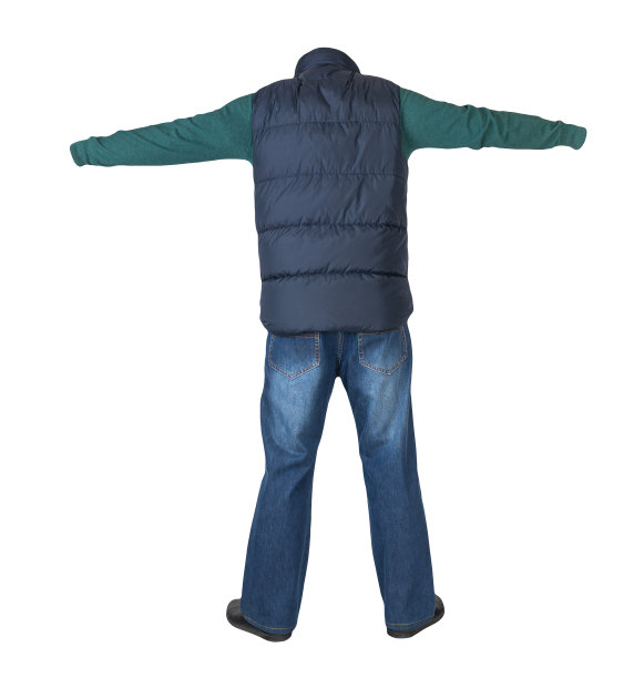 深蓝色无袖上衣，蓝色牛仔裤，毛衣，黑色皮鞋与白色背景隔离。图片下载