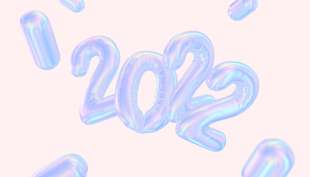 三维新年2022几何抽象旗帜，全息渐变效果数字2022未来插画图片下载