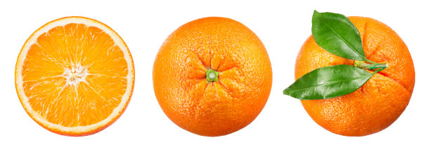 橙色的隔离。橙色水果片和白色背景下的叶子。Orang顶视图集。图片下载