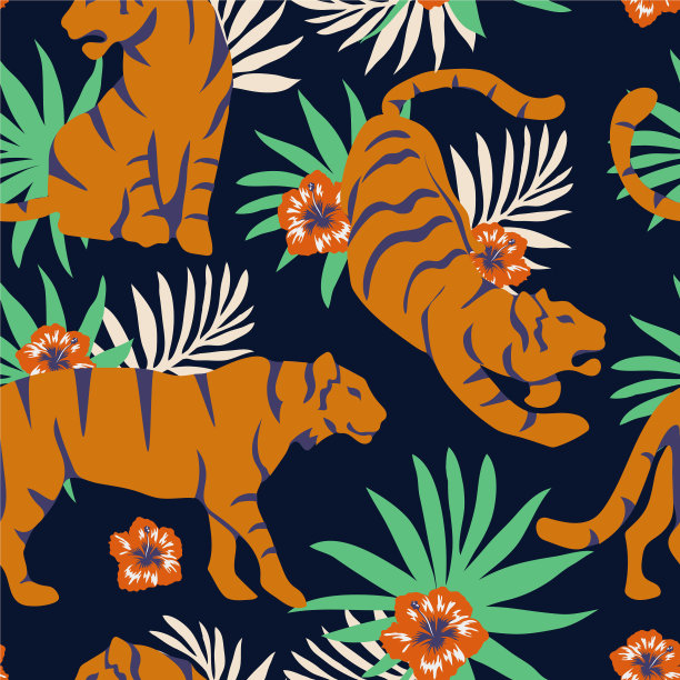无缝热带图案与老虎和一个图片下载