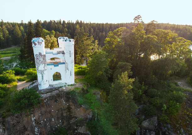 维堡市Monrepos公园鸟瞰岛上城堡。夏天,绿色森林图片下载