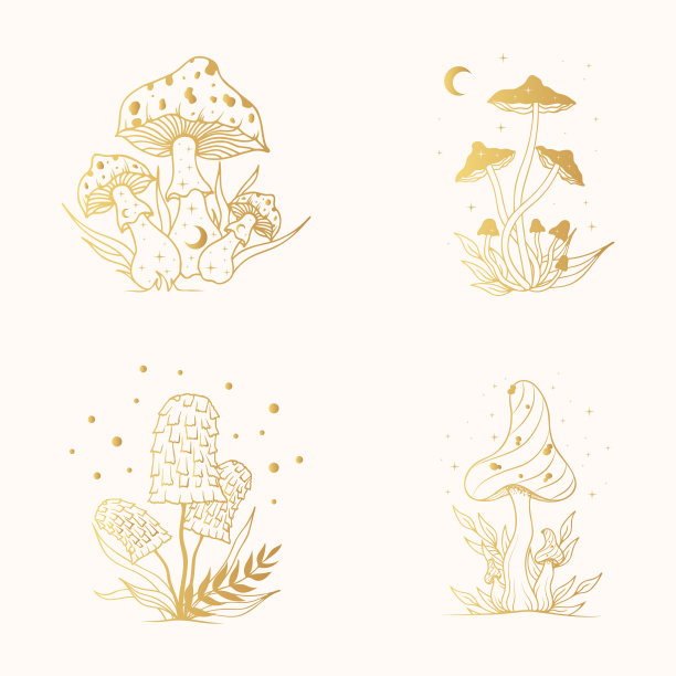 金色的蘑菇。金色致幻剂真菌，真菌与月亮和星星。图片下载