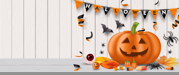 万圣节派对的背景，糖果，眼球，蜘蛛，蝙蝠和南瓜。向量图片下载