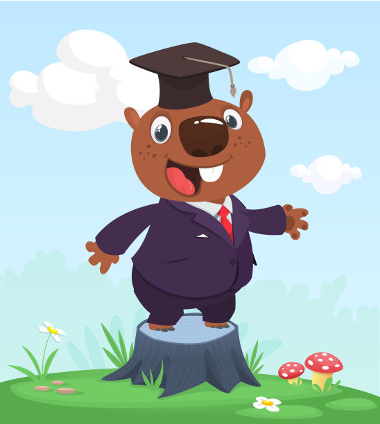 卡通搞笑又快乐的海狸站在夏天的草地上，穿着木桩。矢量图图片下载