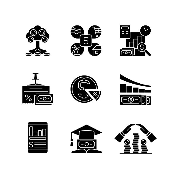 白色背景上的金融黑色字形图标集图片下载