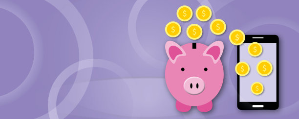 粉色小猪储蓄罐和淡紫色背景的智能手机的硬币，保护你的钱。图片下载