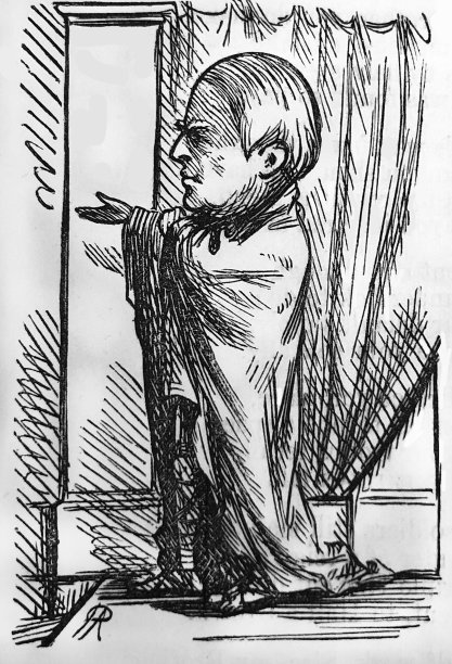 英国讽刺漫画漫画插图-一个男人站在窗帘后面，伸出手臂图片下载