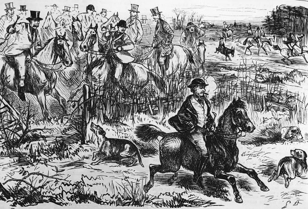 英国讽刺漫画漫画插图-一大群人骑着马和狗一起打猎图片下载