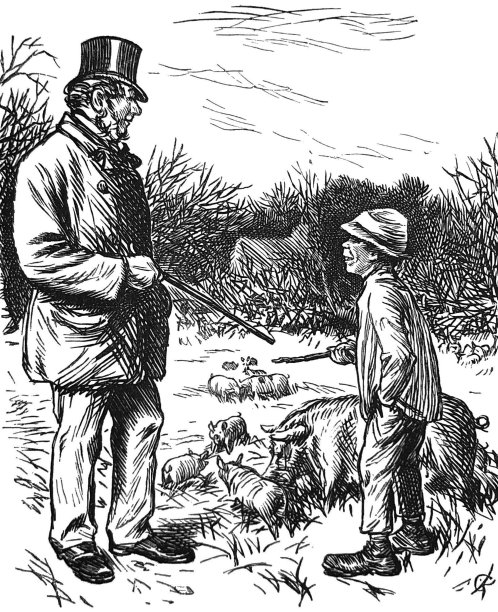 英国讽刺漫画漫画插图-男人和小男孩站在户外大猪旁边图片下载