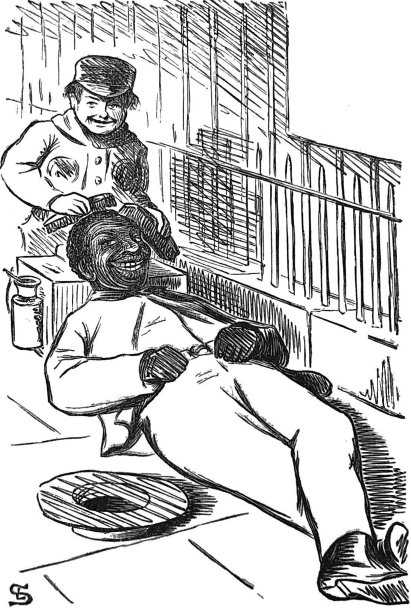 英国讽刺漫画漫画插图——一个黑人男子躺在人行道上，让一个小男孩给他梳头图片下载