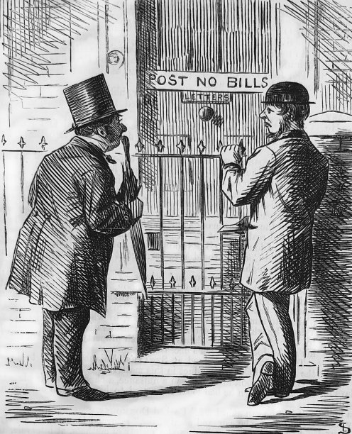 英国讽刺漫画漫画插图——两名男子站在门口，牌子上写着“请勿张贴帐单”图片下载