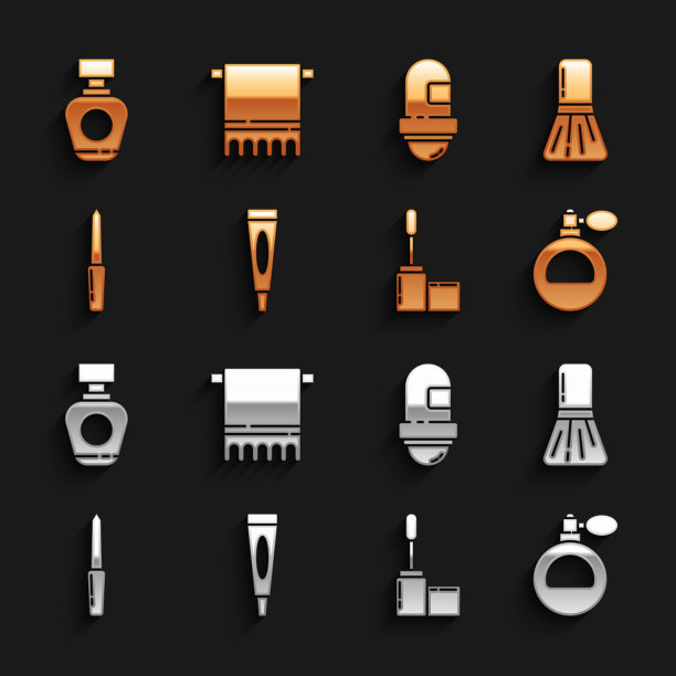 设置霜或乳液化妆管，化妆刷，香水，睫毛膏，指甲锉刀，止汗除臭剂卷，和毛巾衣架图标。向量图片下载