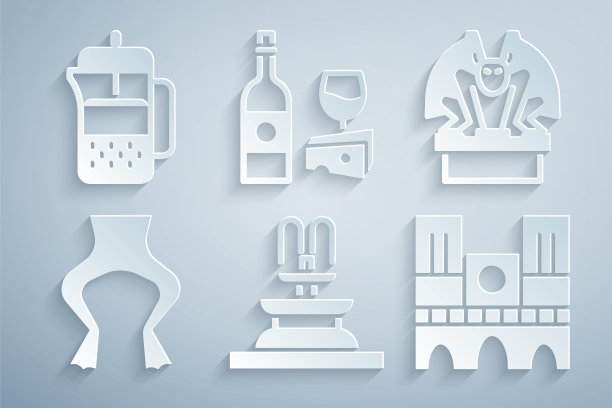 设置喷泉，石像鬼基座，青蛙腿，巴黎圣母院，奶酪酒瓶和法式压力机图标。向量图片下载