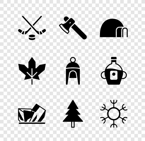 设置冰球棍和冰球，木斧，冰屋，皇家安大略博物馆，圣诞树，雪花，加拿大枫叶和冬天的帽子图标。向量图片下载