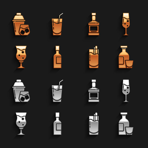 设置香槟瓶，香槟杯，酒精饮料朗姆酒，鸡尾酒血腥玛丽，啤酒，威士忌，摇壶和图标。向量图片下载