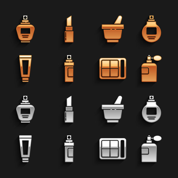 设置香水，眼影板，霜或乳液化妆管，研钵和杵，口红图标。向量图片下载