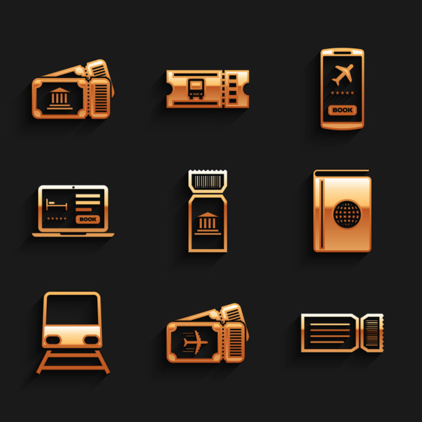 集合博物馆门票，航空公司，机票，封面书旅游指南，火车，在线酒店预订，手机与图标。向量图片下载
