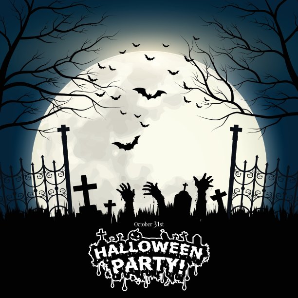 在万圣节墓地的夜晚，满月和一群飞行的蝙蝠的背景。插画家向量。图片下载