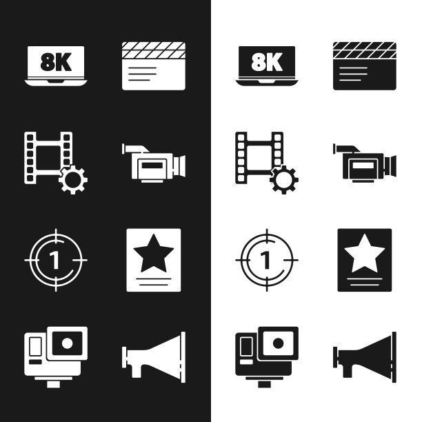 集电影相机，播放视频，笔记本电脑8k，电影拍板，老电影电影倒计时框，好莱坞星光星光，扩音器和行动极端图标。向量图片下载