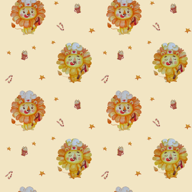 无缝图案与狮子。可爱的人物-快乐的狮子厨师戴着厨师帽，勺子上有星星和糖果的浅色背景。水彩。插图设计，装饰，儿童收藏图片下载