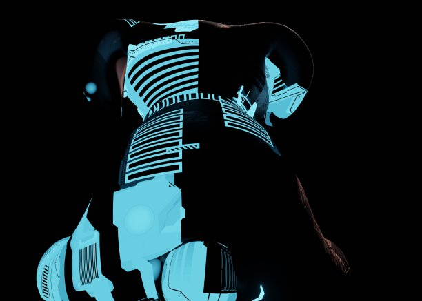 3d渲染的未来机械狗填充玩具在一个黑暗的黑色背景图片下载