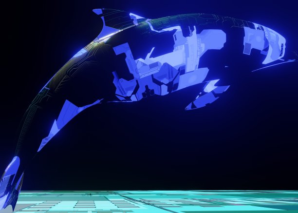 3d渲染的未来机械海豚在黑暗的背景图片下载