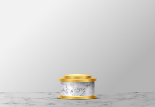 圆形的大理石讲台，金色的戒指站在灰色的石头背景。三维基座为积向量插图。金色的舞台上闪烁着圆形的光芒。抽象的现实的装饰图片下载