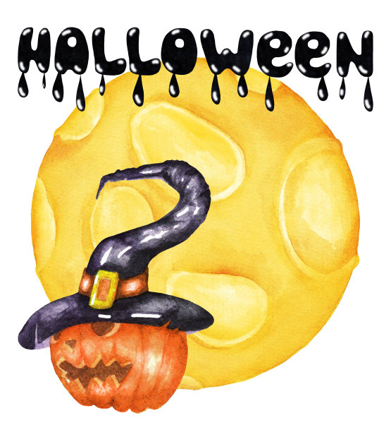 万圣节。一个南瓜，一顶帽子，还有月亮。水彩(2)图片下载