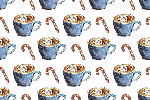 圣诞节无缝图案，蓝色咖啡杯和饼干，包装纸和织物设计的背景。水彩手绘插图图片下载