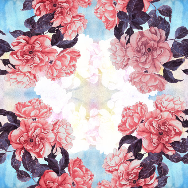 有叶、花和芽的玫瑰枝。水彩。无缝的背景。水彩背景上的花和叶子的拼贴画。使用印刷材料、标志、物品、网站、地图。图片下载