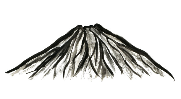 手绘水彩插图。山峰的黑色剪影，火山孤立在白色的背景上。山地国家野生动物元素，景观。图片下载