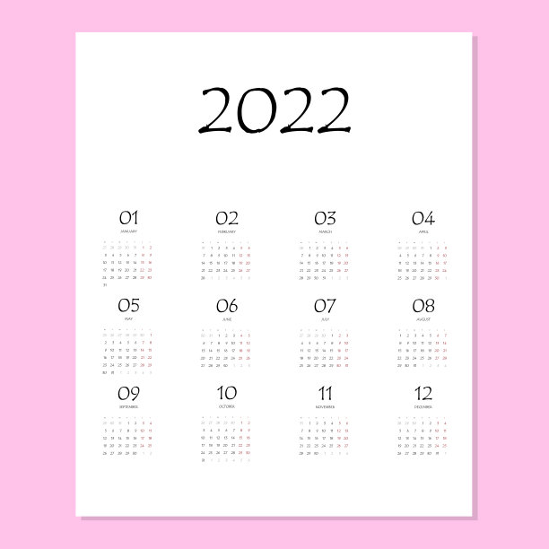 2022年日历计划。公司一周。模板布局，一年12个月，白色背景。简单的设计商业手册，传单，印刷媒体，广告。星期一开始上课图片下载