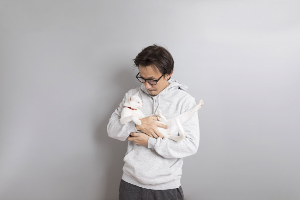 穿着连帽衫的亚洲男子和一只白猫玩耍图片下载