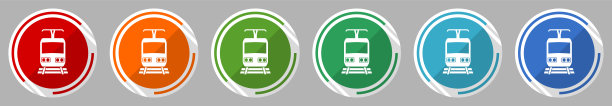 火车图标集，矢量插图在6个颜色选项为网页设计和移动应用程序，平面设计符号图片下载