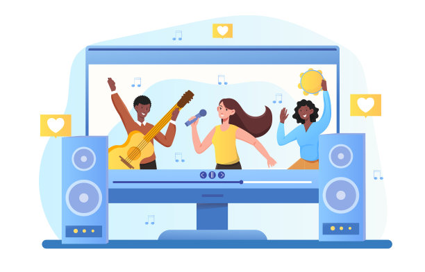 一个乐队正在电脑上进行现场表演图片下载