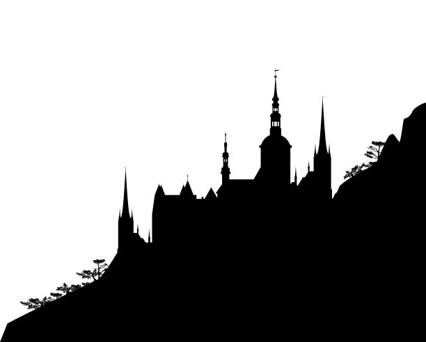 矢量剪影场景背景与童话城堡在山坡图片下载