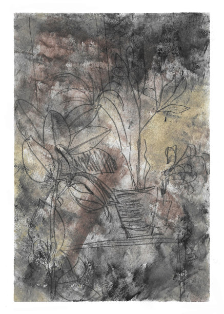 灰棕色的垃圾抽象背景与赭色和白色斑点和叶子图案，白色边界，手绘插图图片下载