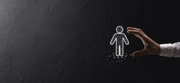 商人在暗色背景上手持男人图标。人力资源，人力资源，技术流程系统业务与招聘，招聘，团队建设。组织结构的概念图片下载