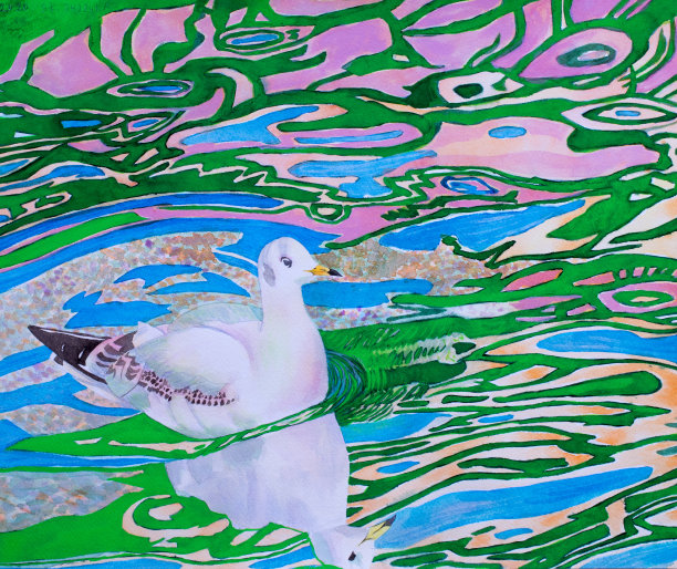 手写的水彩画，一只美丽的小鸟漂浮在水面上图片下载