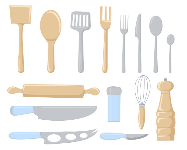 一套用于用餐的厨房工具和餐具。平面向量集合图片下载