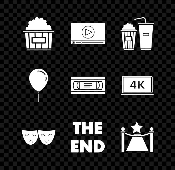 爆米花在硬纸板盒，苏打饮料玻璃，喜剧悲剧戏剧面具，结束手写题词，地毯障碍星，气球丝带和VHS磁带图标。向量图片下载