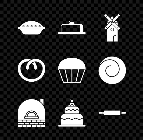 设置自制派，草莓芝士蛋糕片，风车，砖炉，蛋糕，擀面杖，椒盐卷饼和松饼图标。向量图片下载